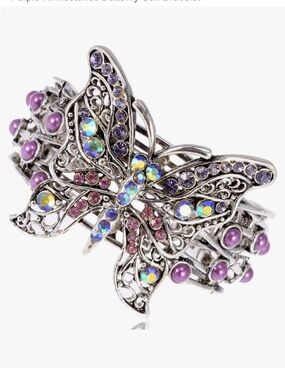 Alilang Antique Silver Iridescent Rhinestones Butterfly Cuff Bracelet